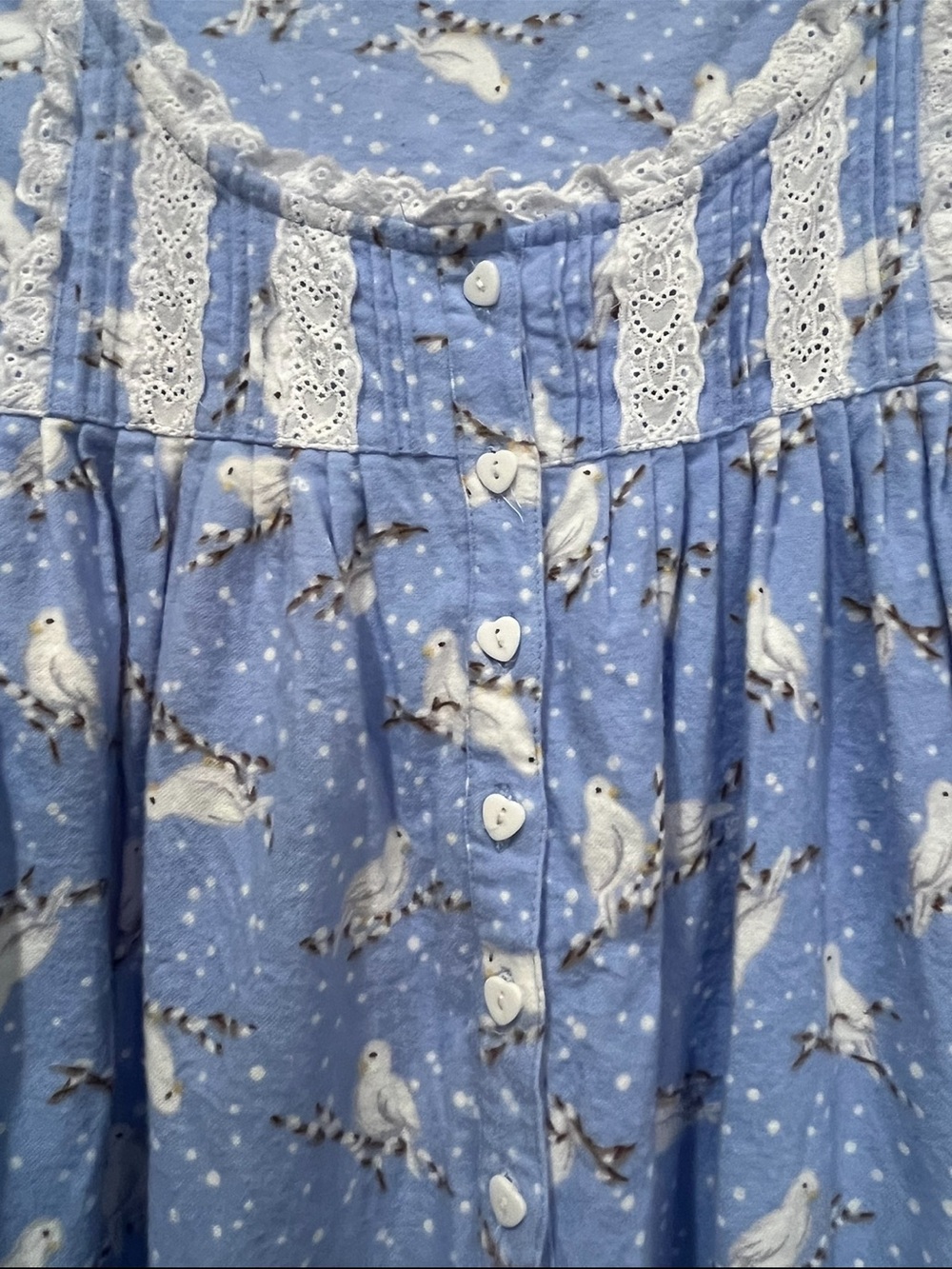 Lanz of Salzburg Light Blue snowy Dove Print flannel Nightgown with Lace Trim. - Picture 4 of 9